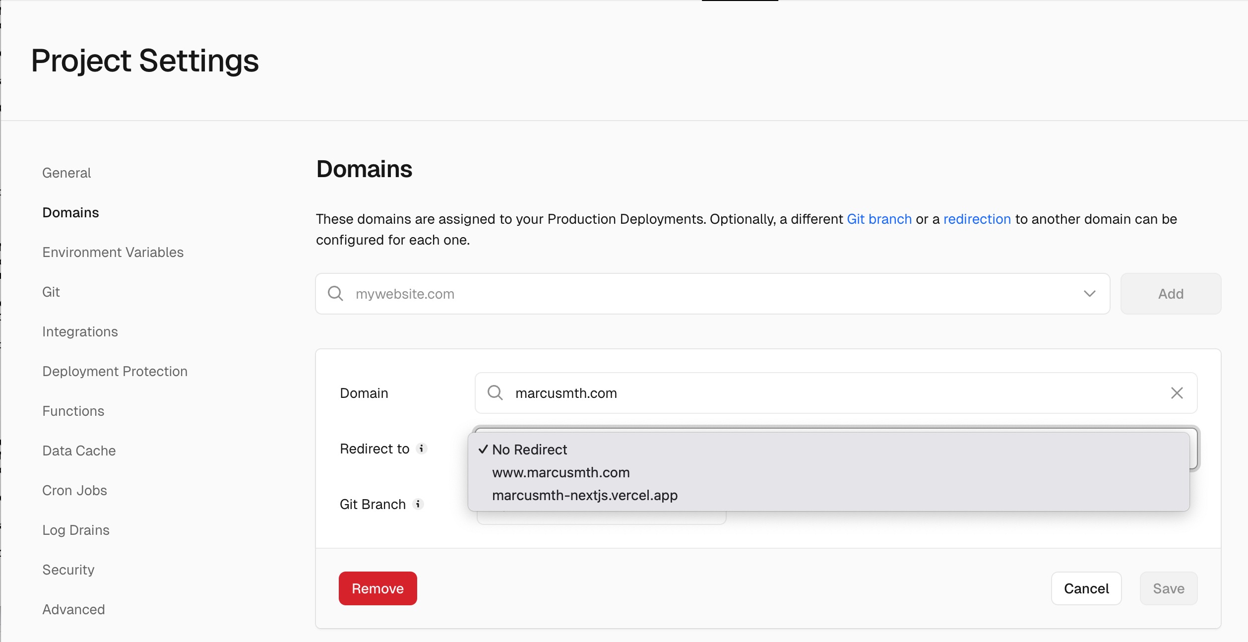Vercel Domain Settings